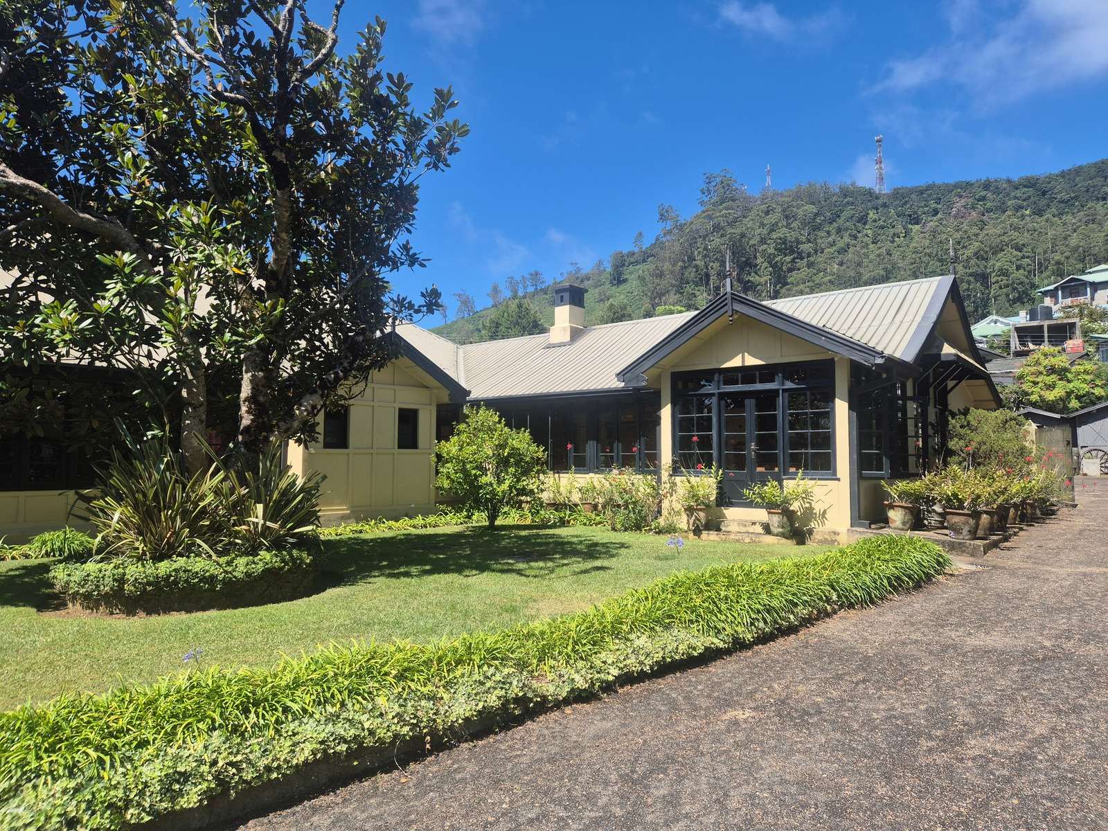 The house's butter-yellow front with green-framed windows behind a lawn, hills rising behind.