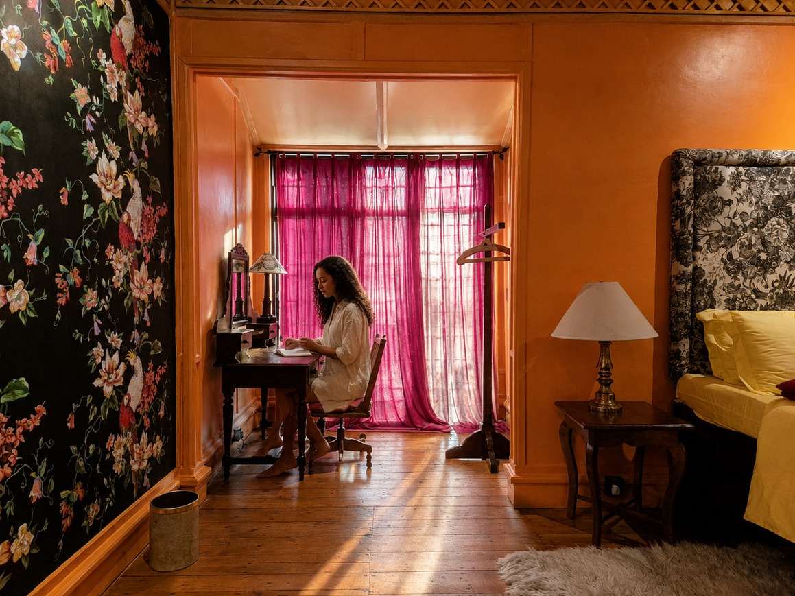 A writing desk in a saffron alcove before sheer pink curtains.